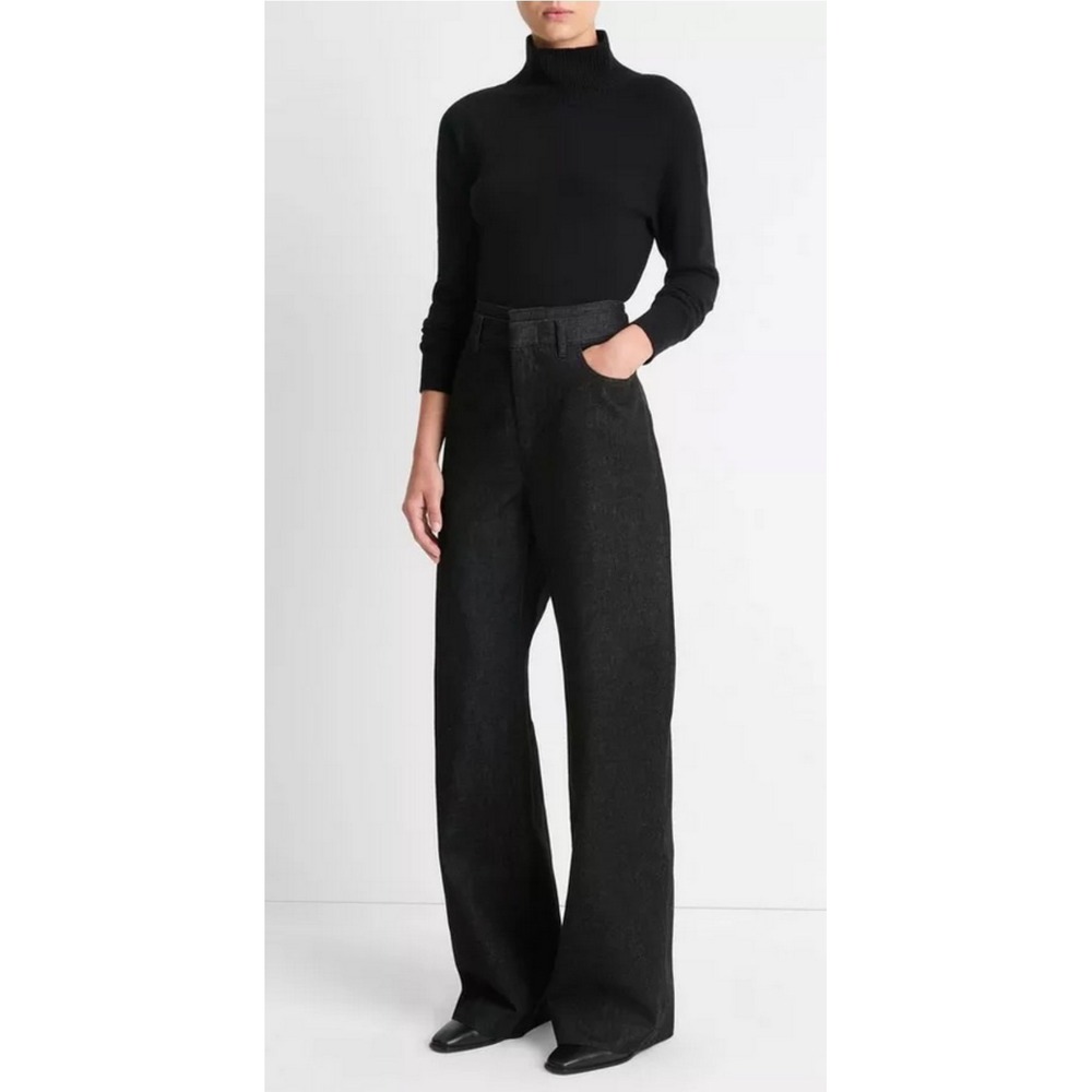 Vince Double Waistband Washed Denim Black NWT Sz 26 Wide Leg $365
